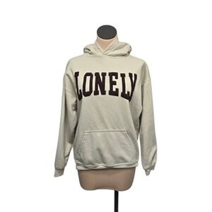 Lonely Ghost Hoodie Mens Medium Beige‎ Lonley Spell Out Pullover Sweatshirt Cozy